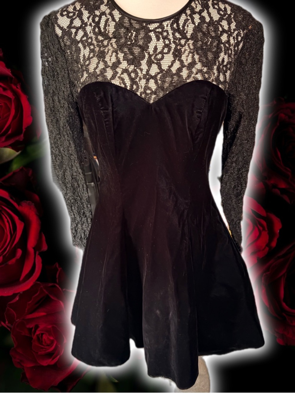 Vintage 80s Union Made Zum Zum Black Lace and Velvet Midi Dress Sz 7/8